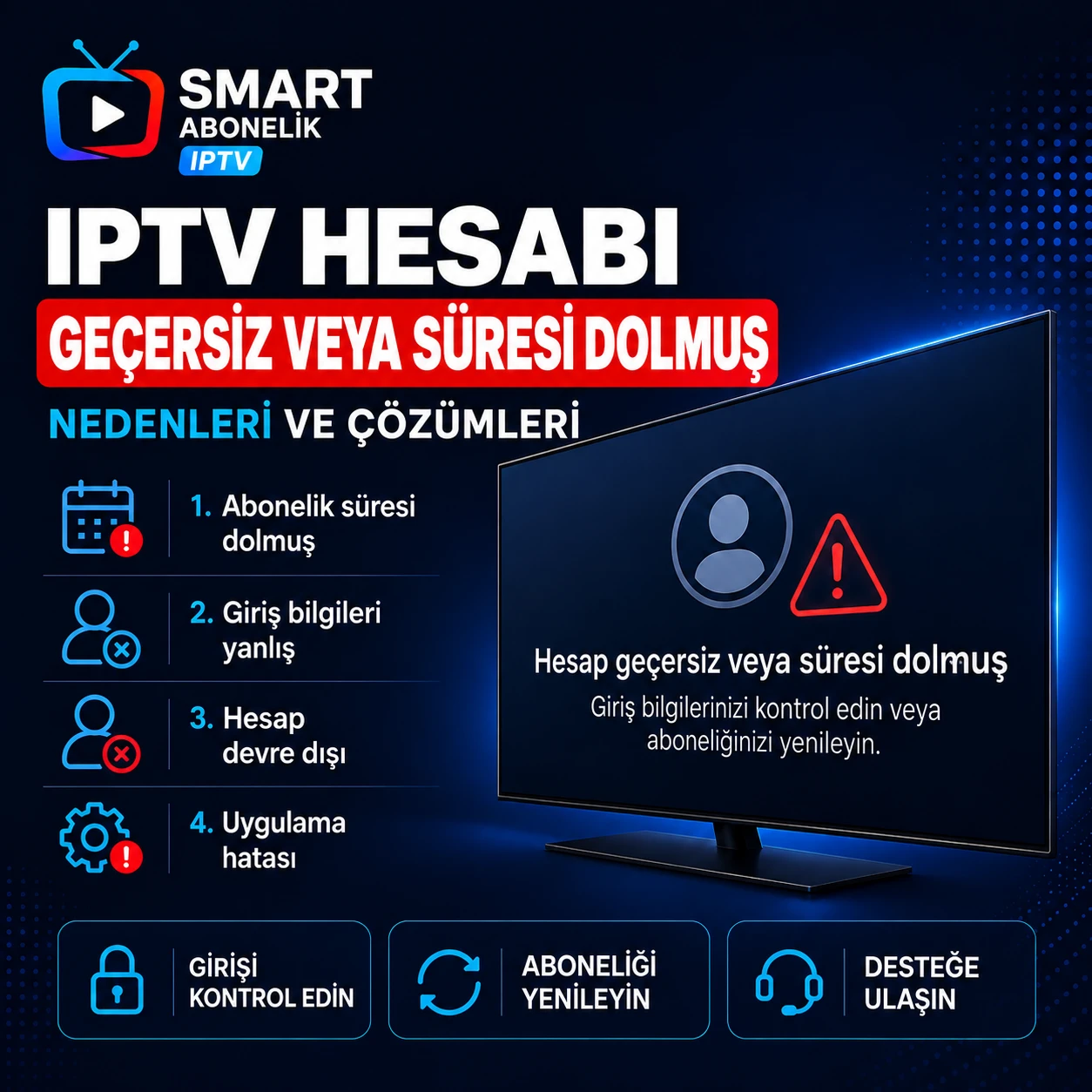Gece mavisi arka planda, sol üstte logo bulunan, televizyonda "Geçersiz veya süresi dolmuş hesap" uyarısı gösteren ve ana nedenleri olan, süresi dolmuş abonelik, yanlış tanımlayıcılar, devre dışı bırakılmış hesap veya uygulama hatası bulunan IPTV Abonelik kare görseli.