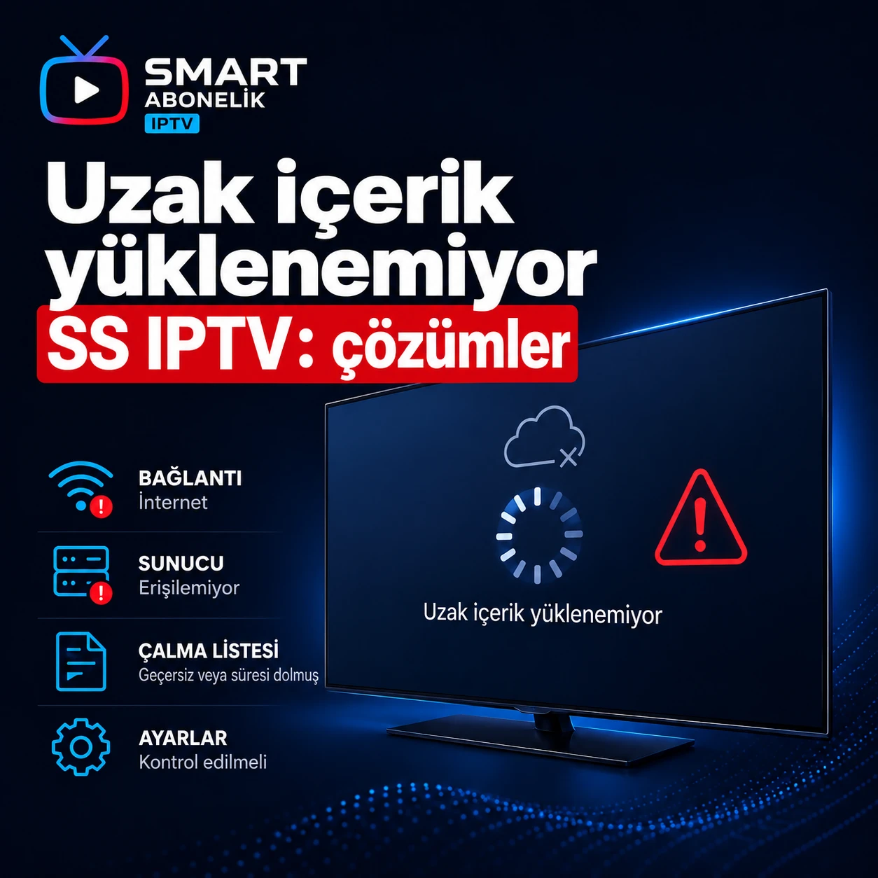 Gece mavisi arka planda IPTV Abonelik kare görseli, sol üstte logo, televizyonda SS IPTV yükleme hatası görüntüleniyor ve olası nedenleri gösteren piktogramlar var: İnternet bağlantısı, erişilemeyen sunucu, geçersiz veya süresi dolmuş çalma listesi ve kontrol edilecek parametreler.